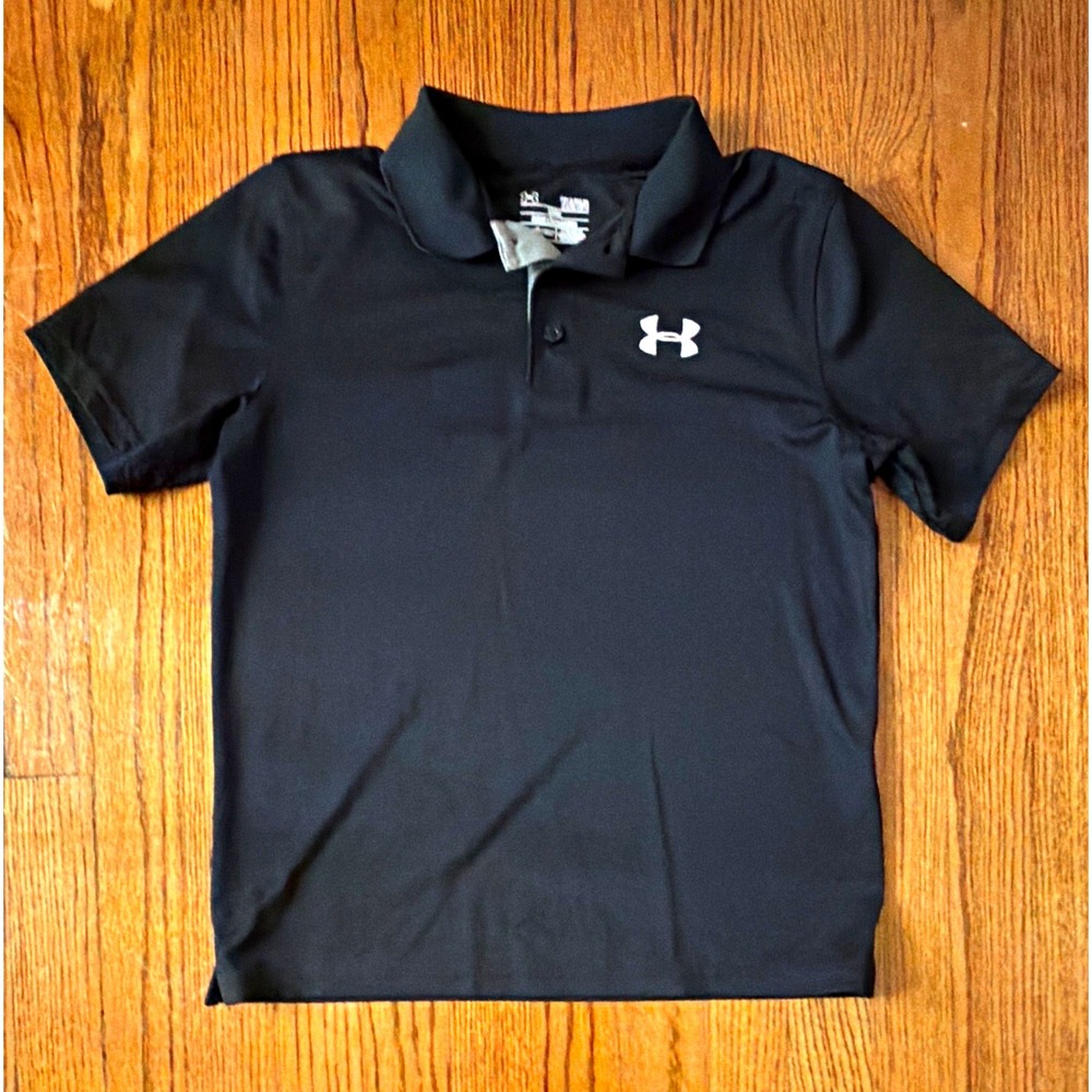 Under Armour HeatGear Boy's Black Polo Shirt Short Sleeve Loose Fit L Logo